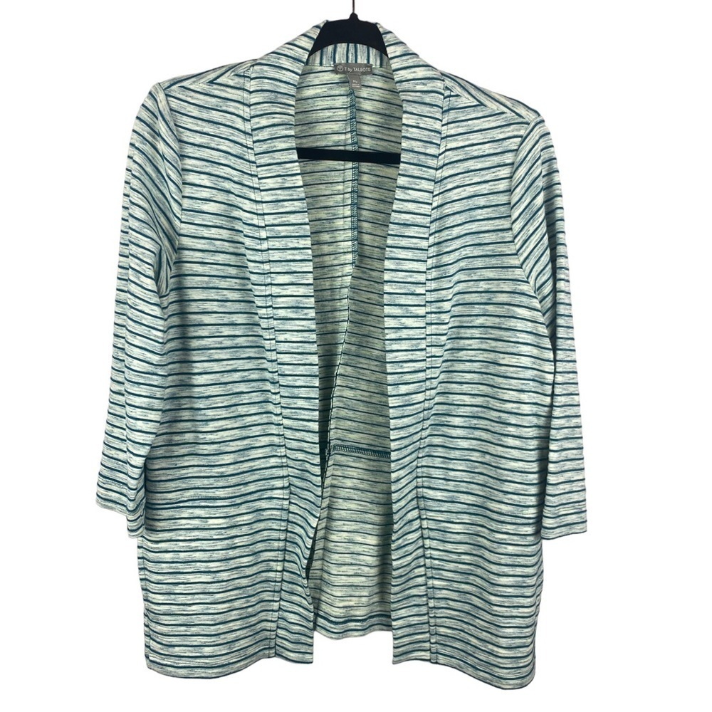 ✨3/$20✨ T by Talbots Striped Open Front Cardigan Sweater Medium Petite Blue